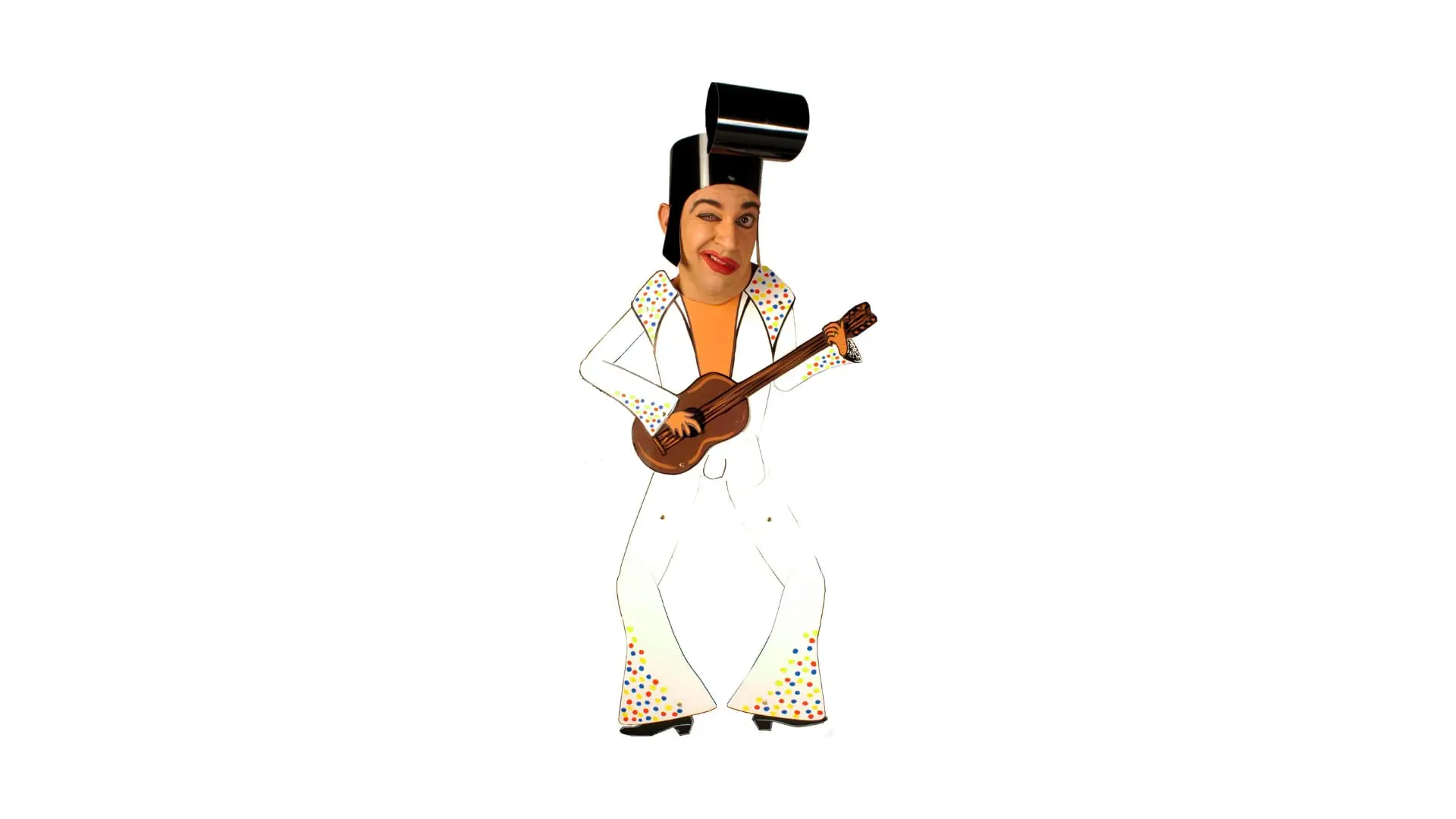 Ennio as a white-suited rock and roll singer with a paper guitar