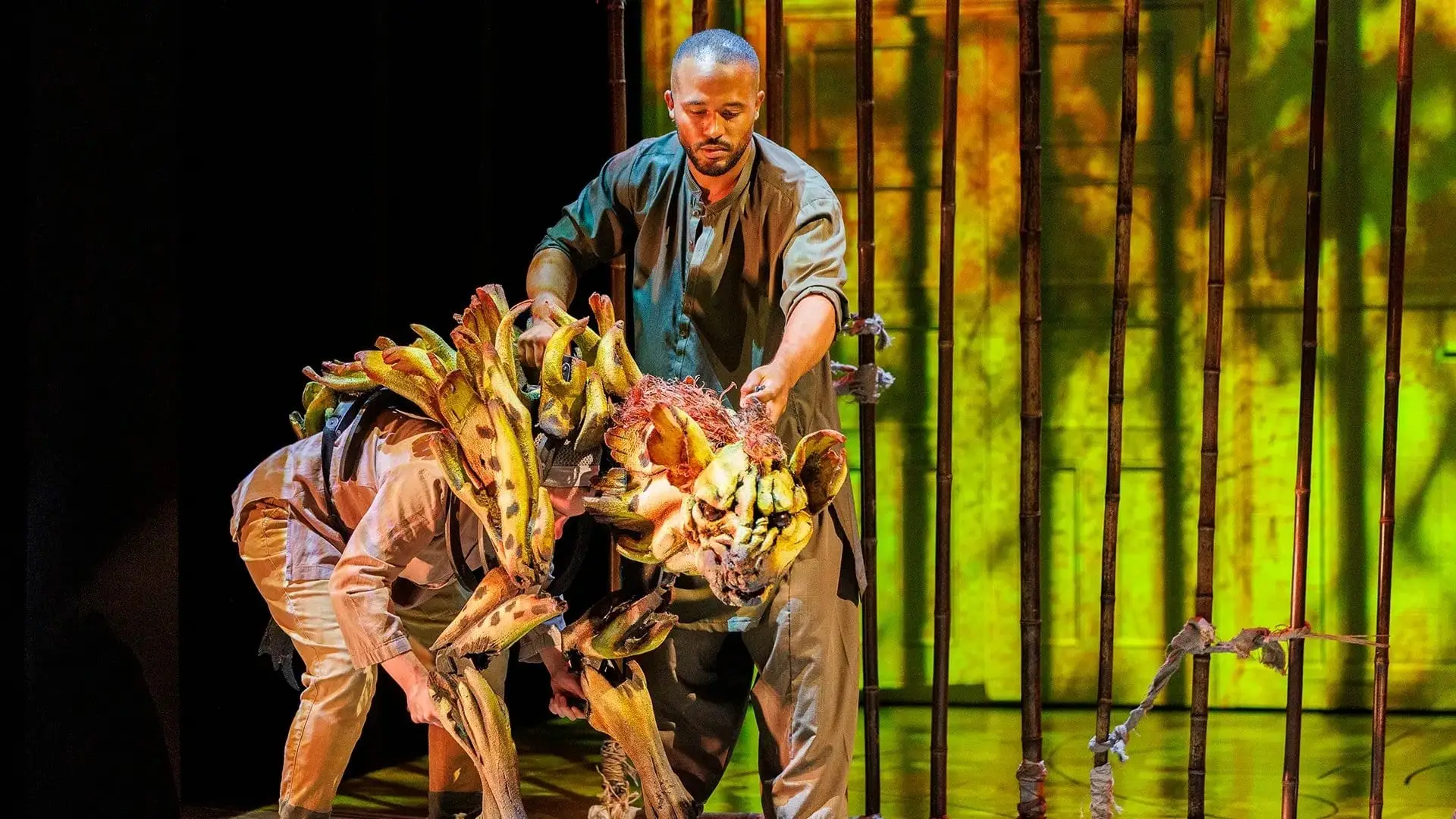 Puppeteers bring the tiger to life in the market