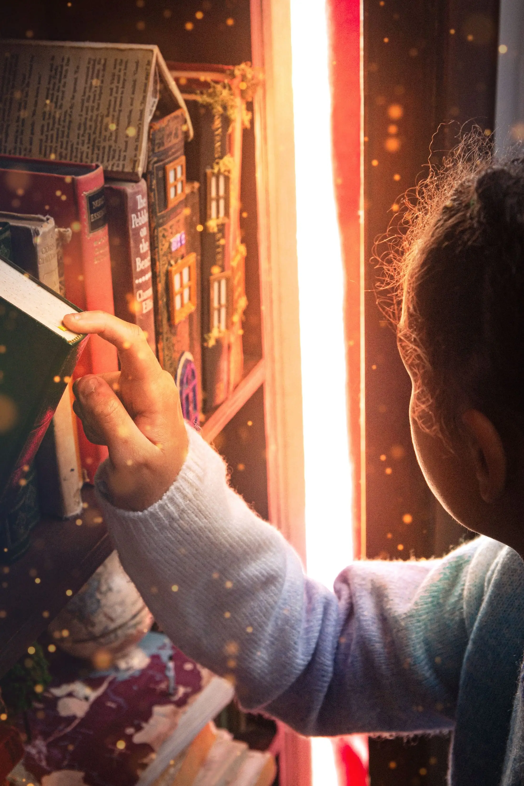 A child's hand pulls a glowing book from the shelf