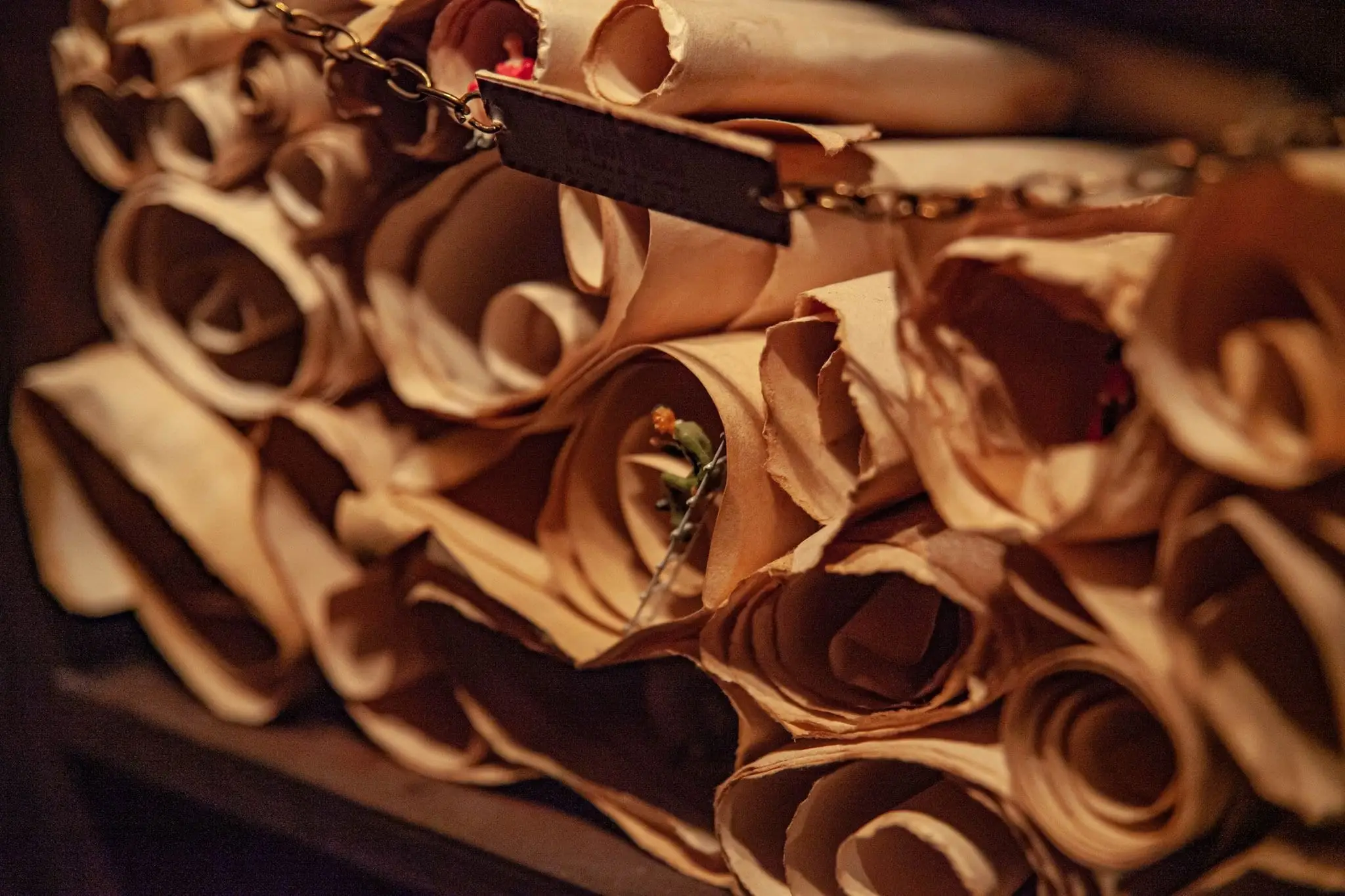 Rolled paper scrolls stacked in the library