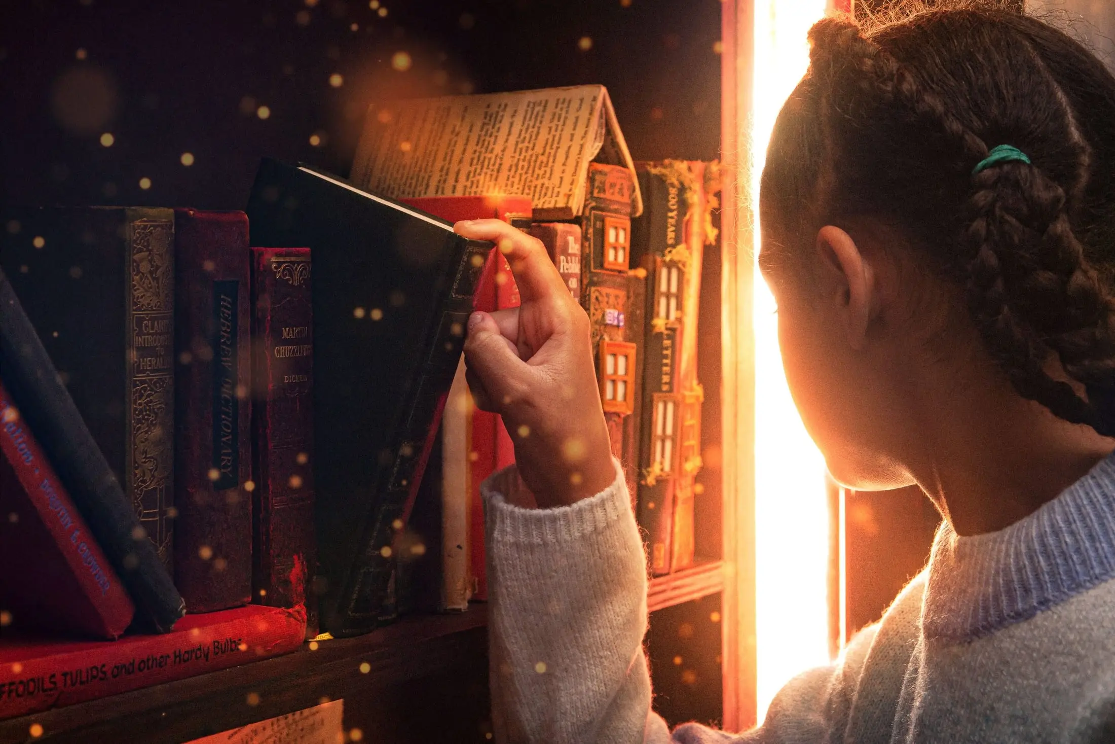 A girl reaches for a glowing book on a crowded library shelf
